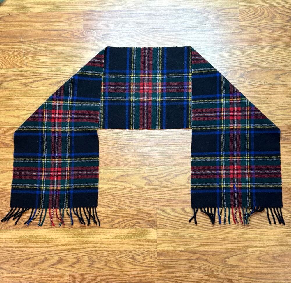 Vintage 1990s Polo Ralph Lauren 100% Lambswool Plaid Scarf Fringed Blue Red Yell